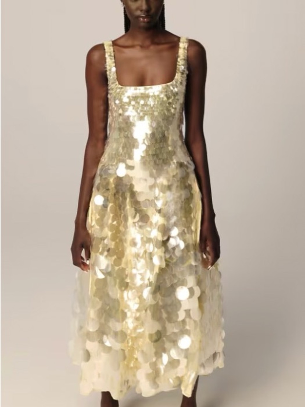 ASOS Arrange embellished disc sequin square neck full skirt midi dress in lemon